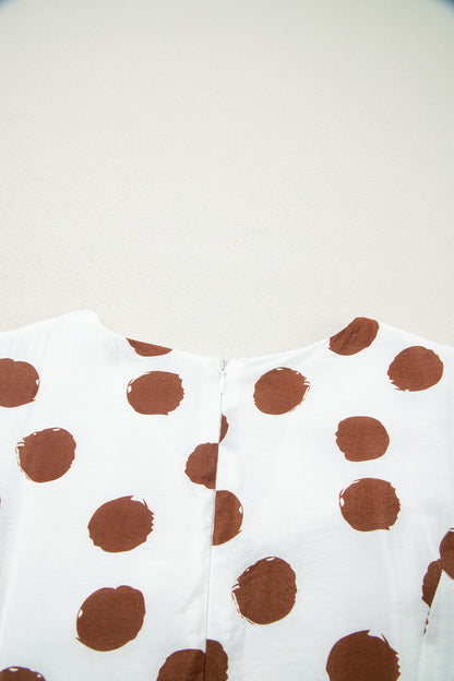 White Polka Dot Printed V Neck Short Sleeve Tie Waist Midi Dress