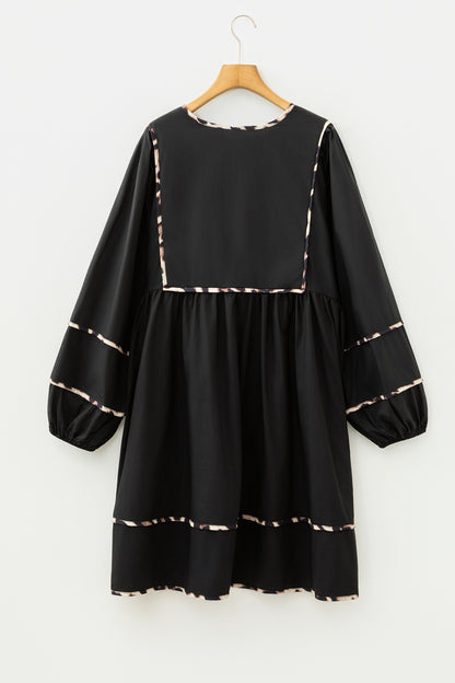 Black Plus Size Long Sleeve Leopard Contrasted Trim Tie Neck Flared Mini Dress