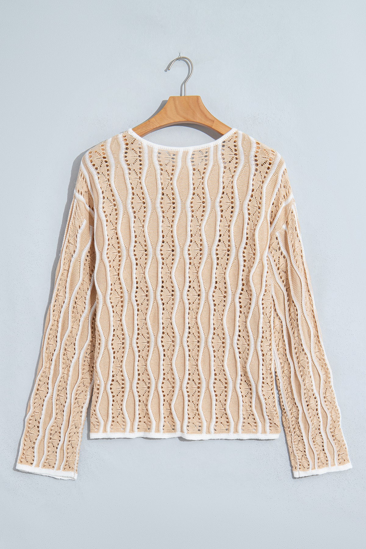 Wavy Detail Hollow Out Knit Long Sleeve Cotton Pullover Sweater