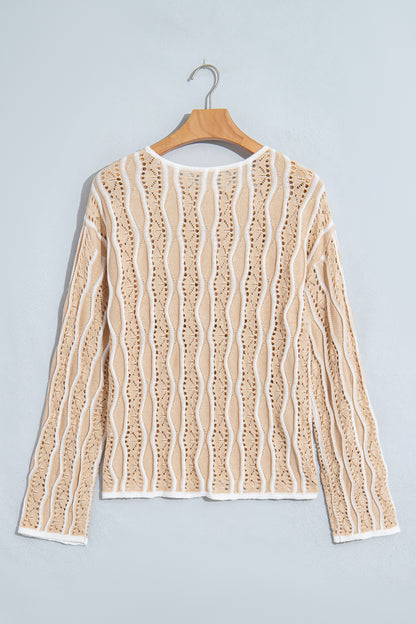 Wavy Detail Hollow Out Knit Long Sleeve Cotton Pullover Sweater