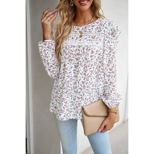 Floral Print Ruffle Round Neck Loose Fit Blouse | Blouse - Women's | long sleeve top, New Arrivals | Elings