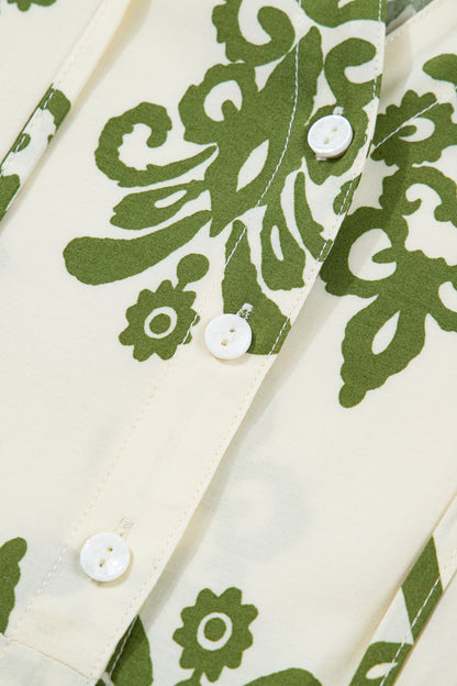 Apricot Floral Print Tie V Neck Button Down Puffy Half Sleeve Shirt