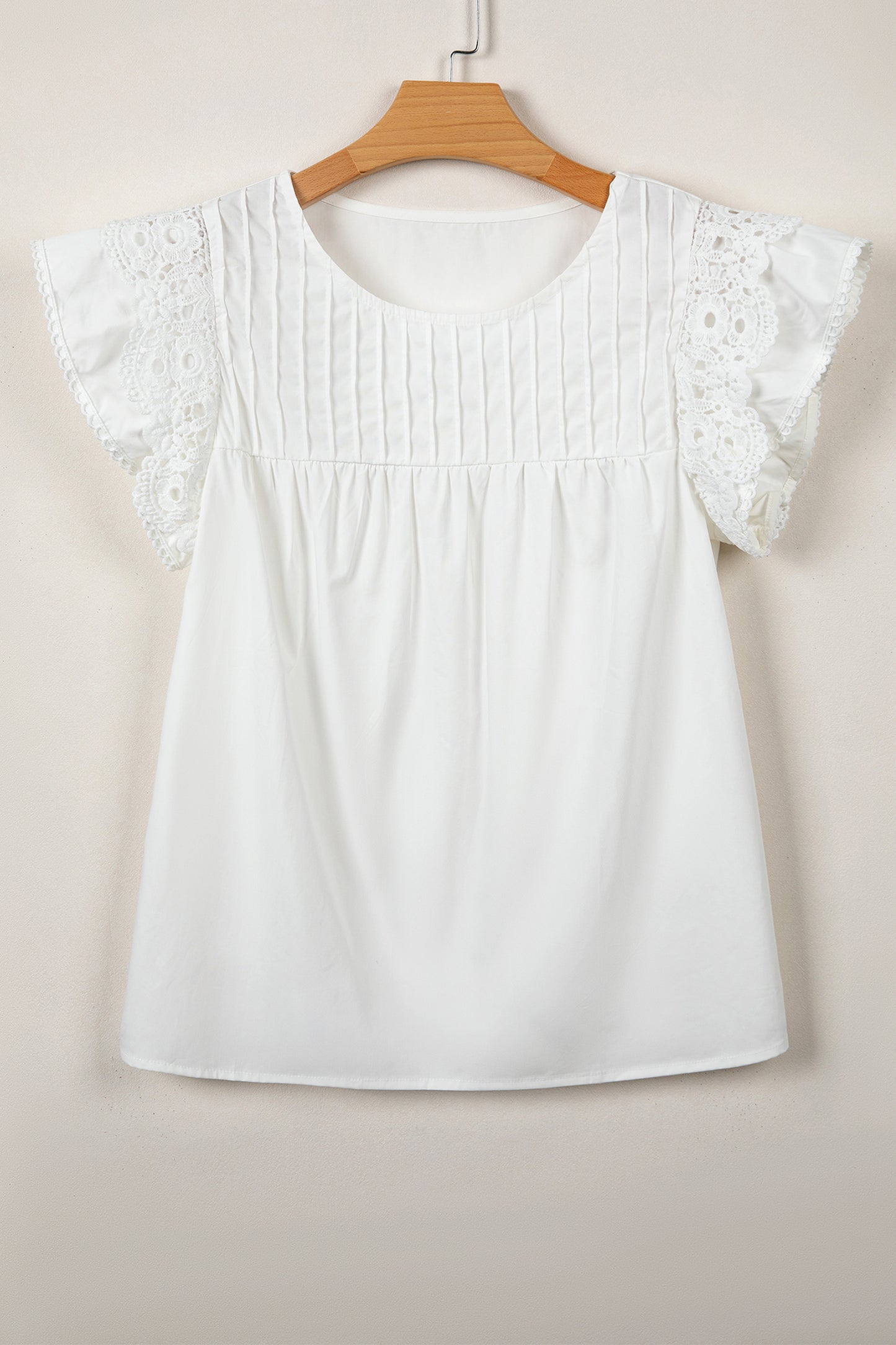 Lace Detail Flutter Sleeve Pleated Round Neck Blouse