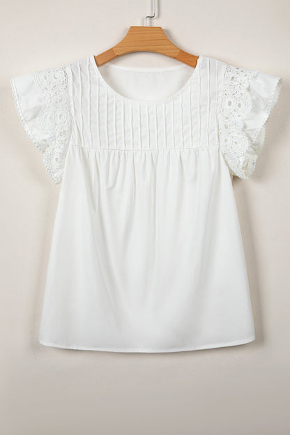 Lace Detail Flutter Sleeve Pleated Round Neck Blouse
