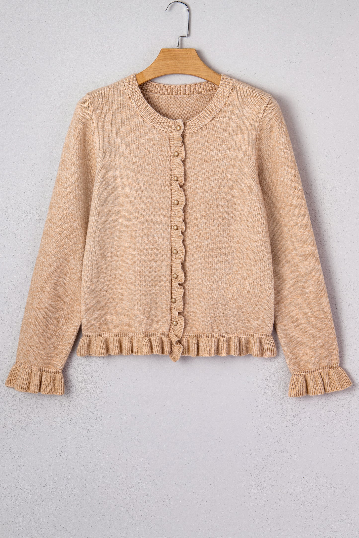 Oatmeal Ruffle Trim Gold Button Sweater Cardigan
