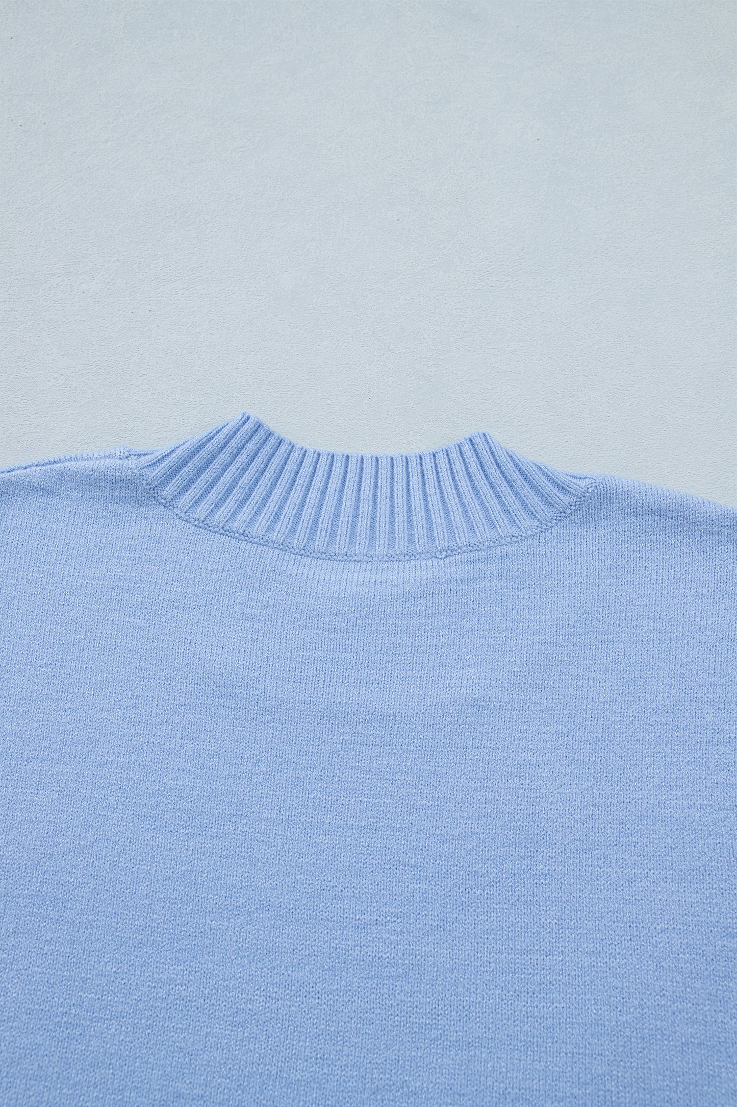 Beau Blue Solid Color Ribbed Trim Round Neck Ruffle Short Sleeve Sweater