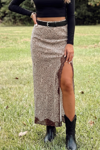 Cheetah Print Trim Split Long Western Skirt