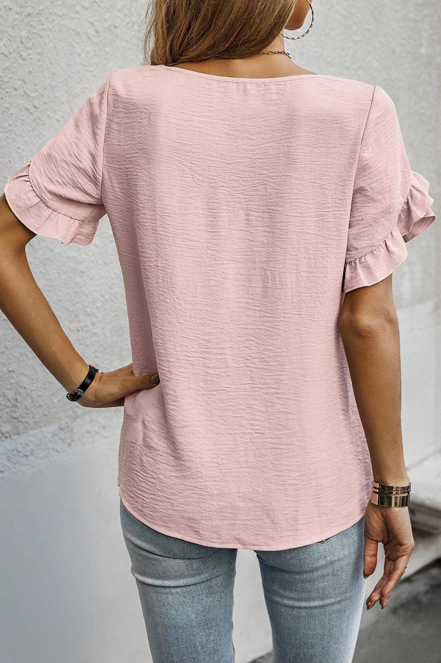 Solid Color Ruffle Trim Short Sleeve Blouse