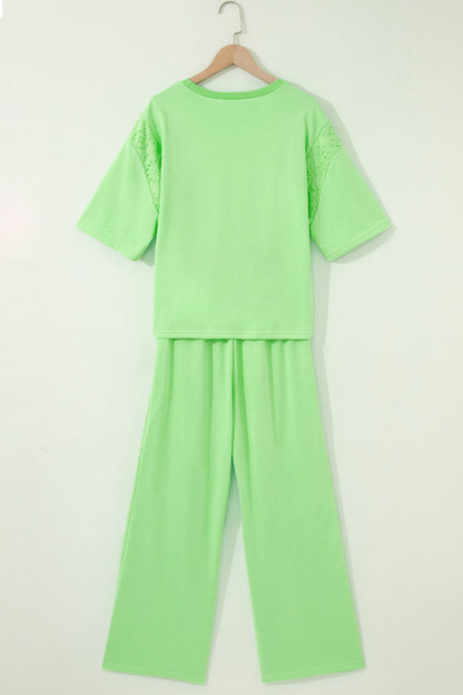 Lace Patchwork Half Sleeve Top Elastic Waist Pants Two Piece Set