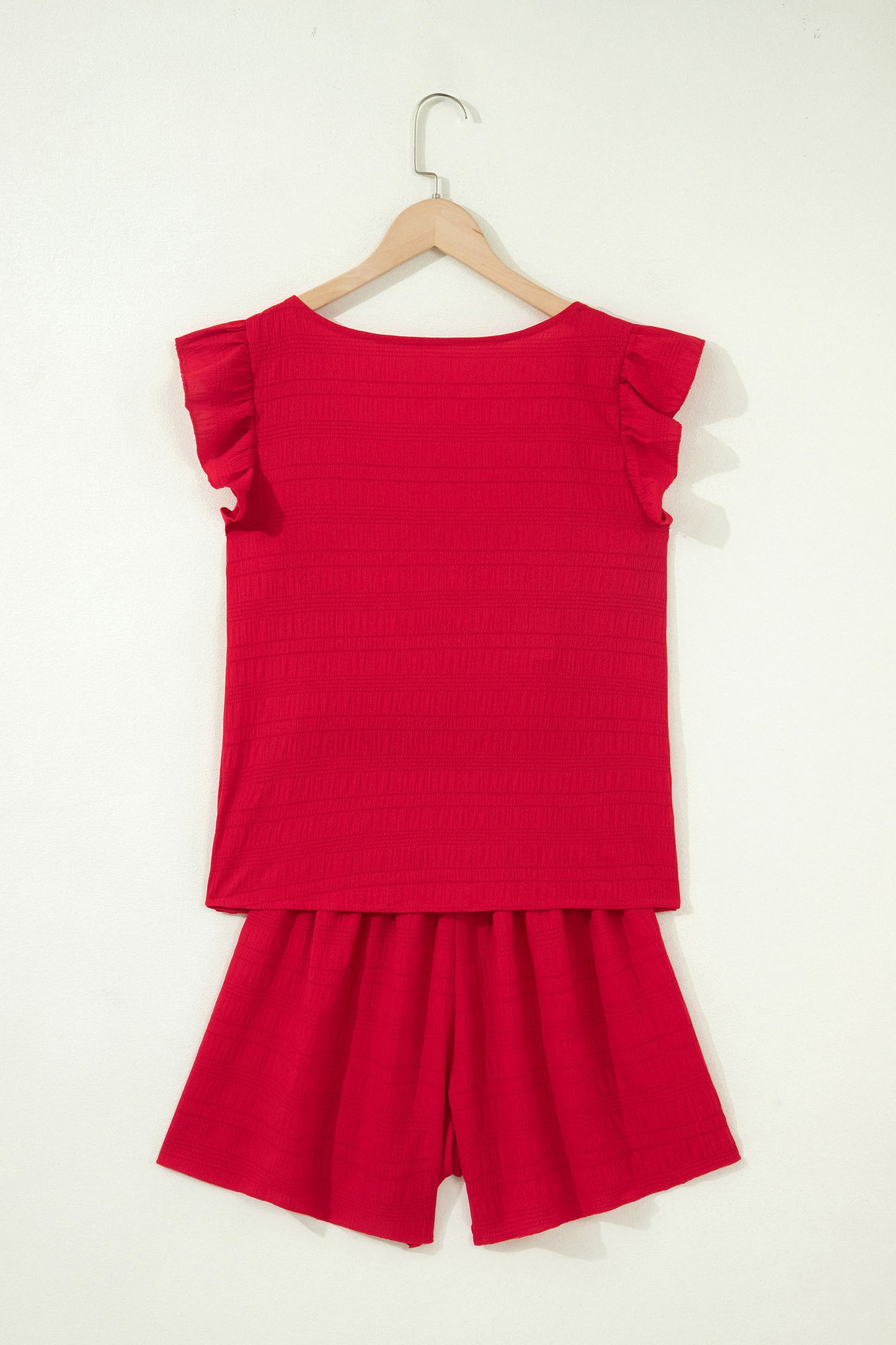 Textured Square Neck Top and Shirred High Waist Shorts Set