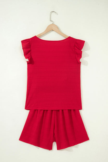 Textured Square Neck Top and Shirred High Waist Shorts Set