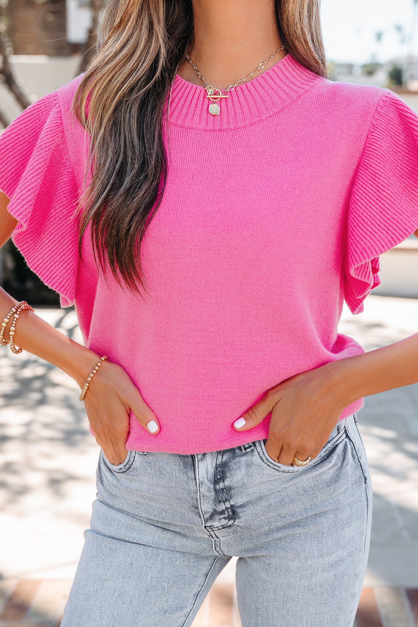 Beau Blue Solid Color Ribbed Trim Round Neck Ruffle Short Sleeve Sweater