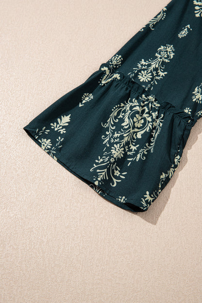 Blue Boho Floral Print Lettuce Trim 3/4 Sleeve Mini Dress