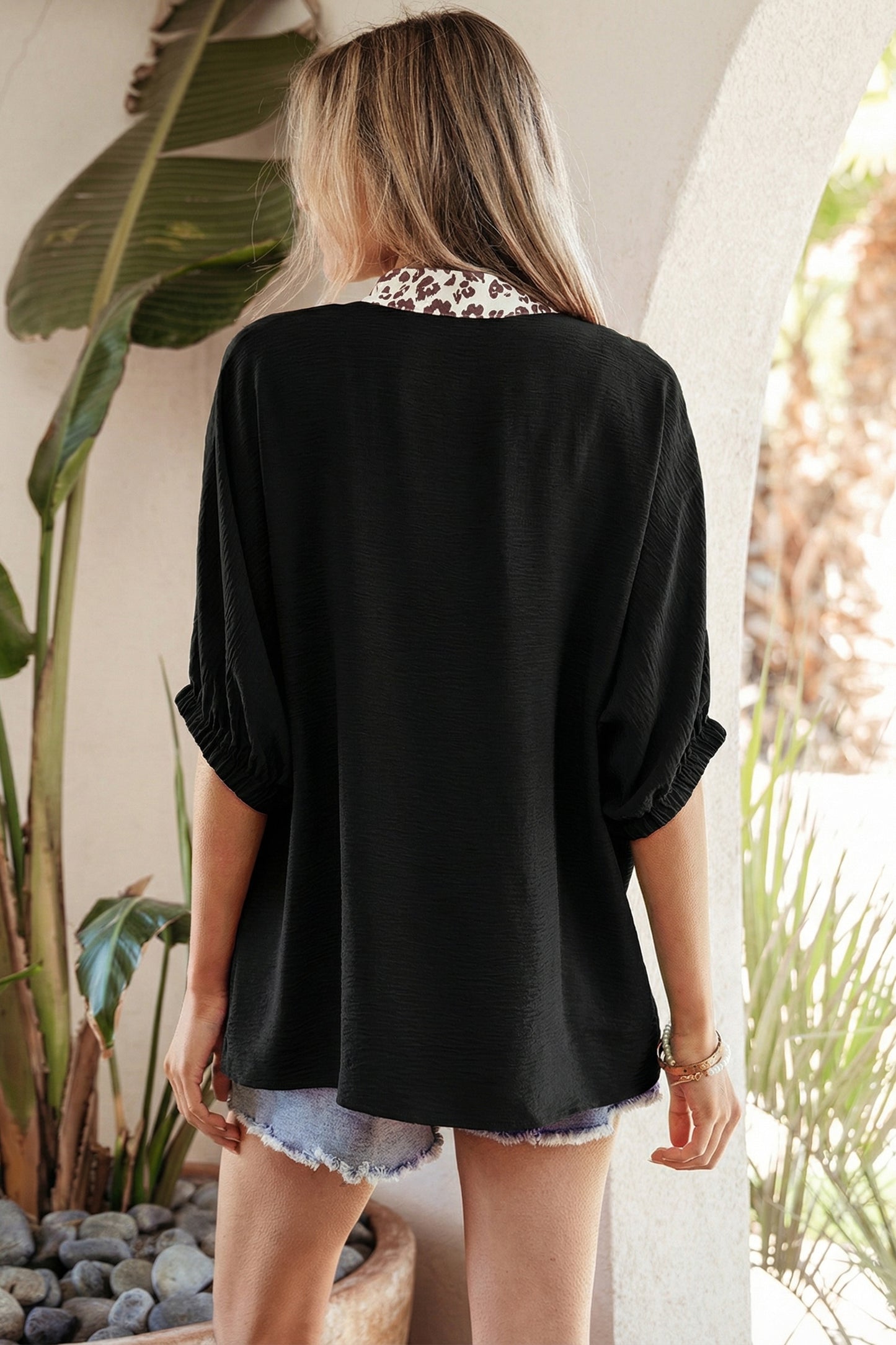 Dolman Half Sleeve Leopard Patchwork Trim V Neck Blouse