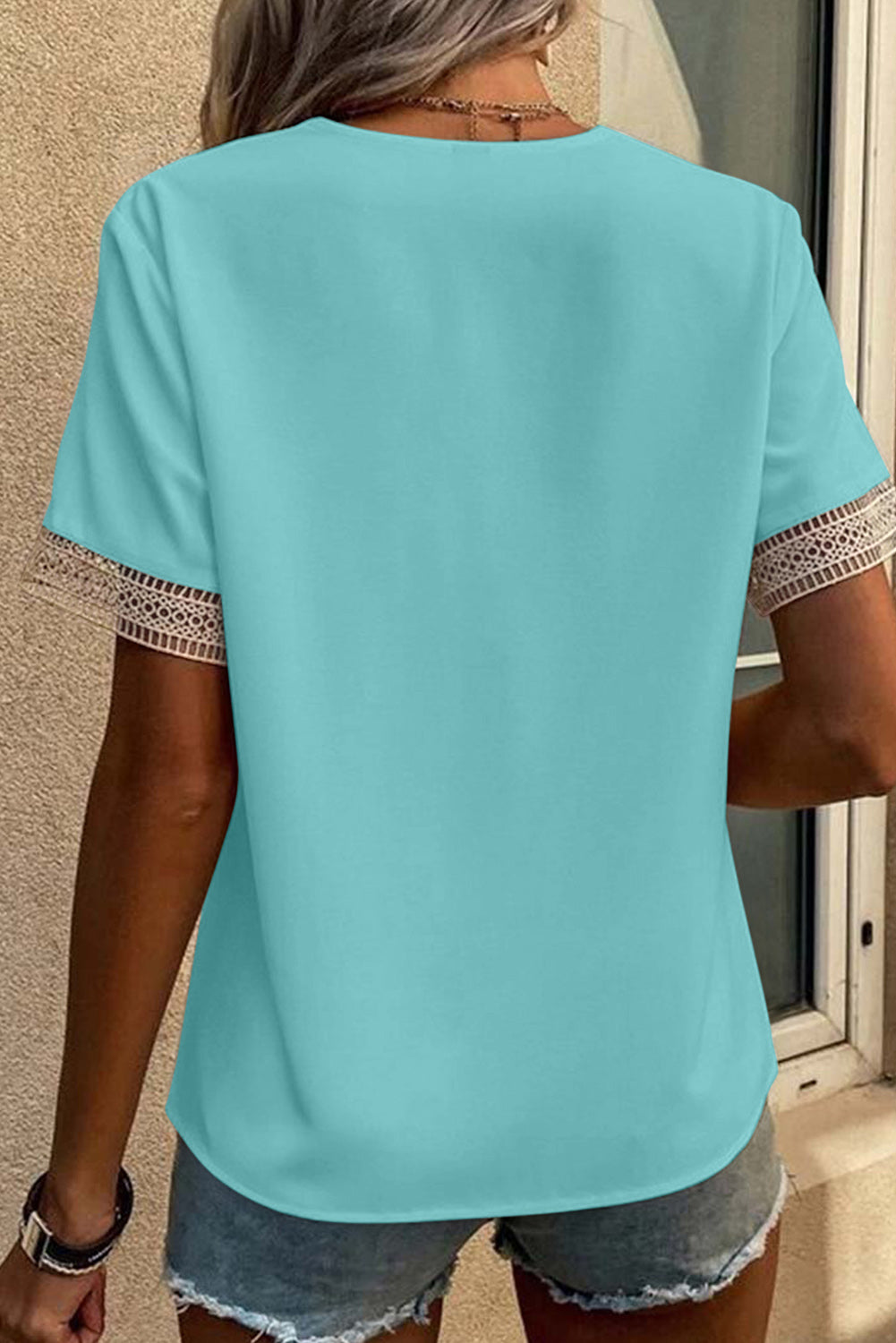 Green Lace Trim V Neck Short Sleeve Blouse