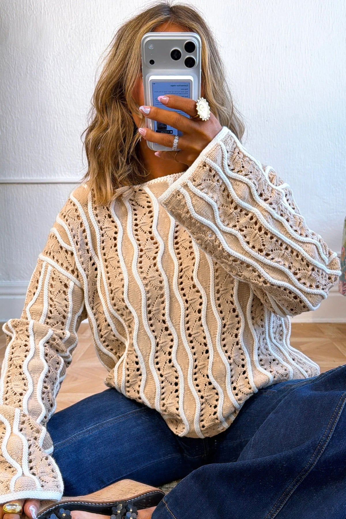 Wavy Detail Hollow Out Knit Long Sleeve Cotton Pullover Sweater