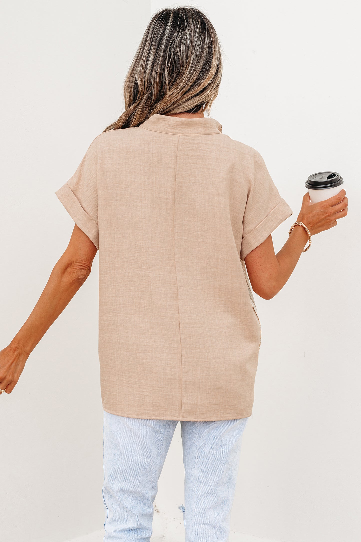 Crochet Lace Accent Pullover Rolled Short Sleeve Blouse