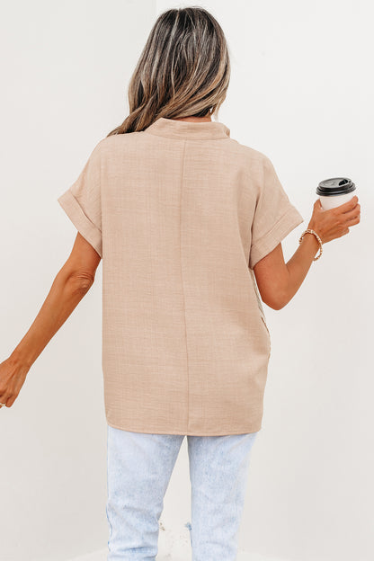 Crochet Lace Accent Pullover Rolled Short Sleeve Blouse