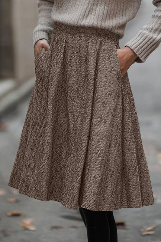 Solid Color Textured Pleated Midi Skirt
