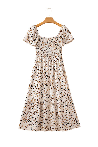 Beige Ditsy Floral Print Smocked Square Neck Ruffle Short Sleeve Dress