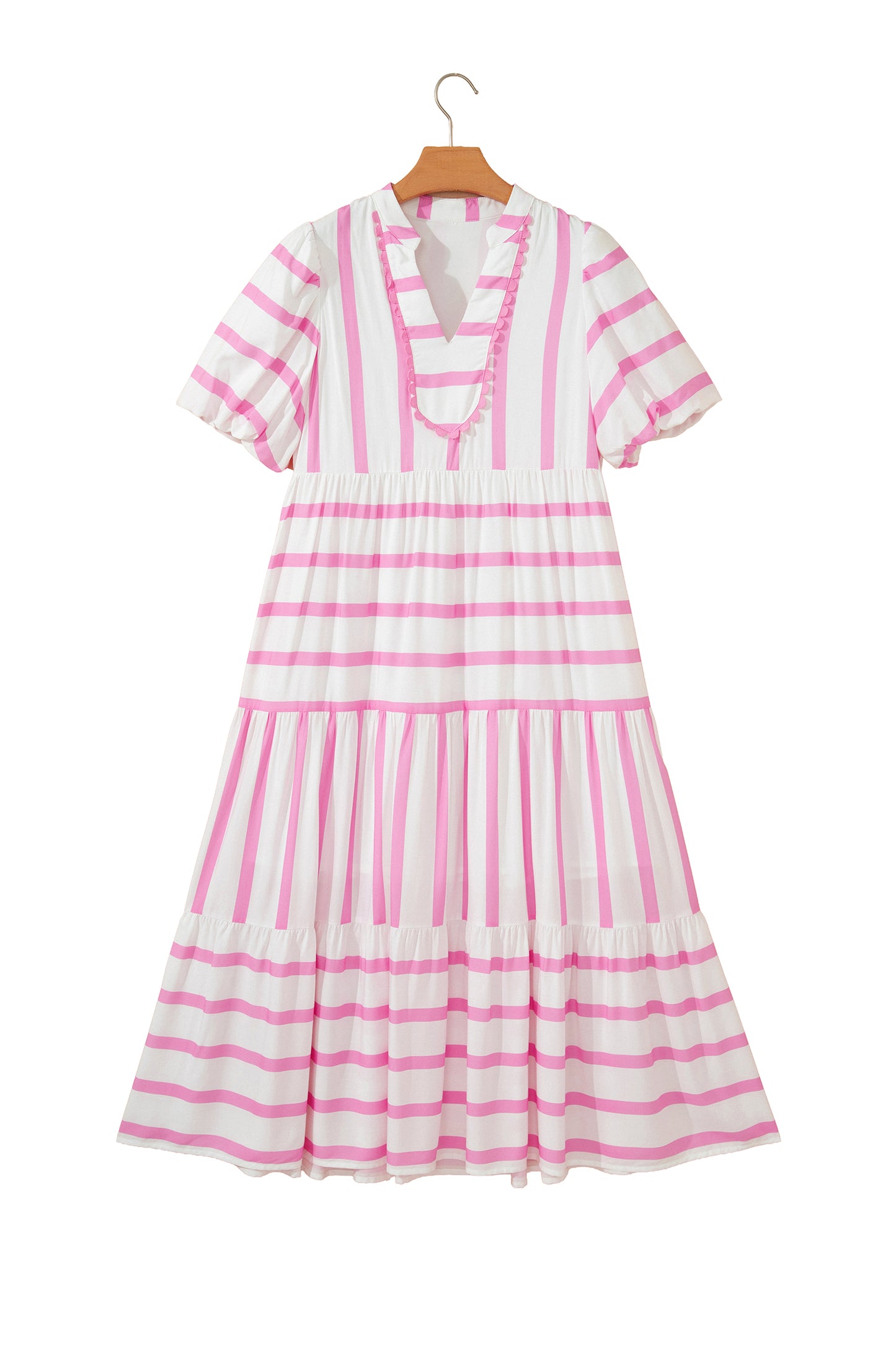 Stripe Ricrac Trim Notched Neck Half Sleeve Vacation Dress