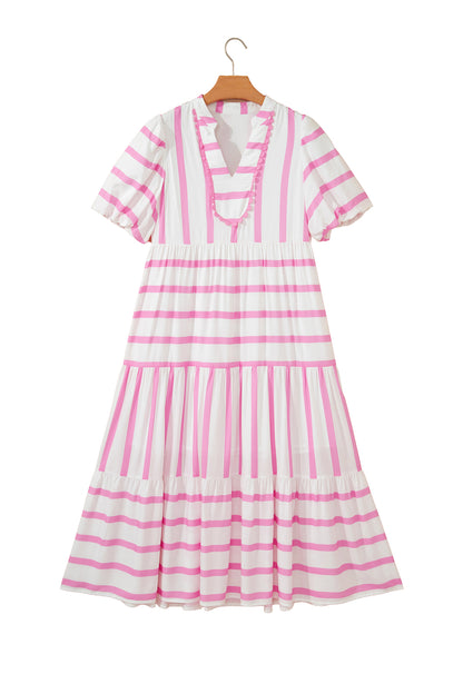 Stripe Ricrac Trim Notched Neck Half Sleeve Vacation Dress
