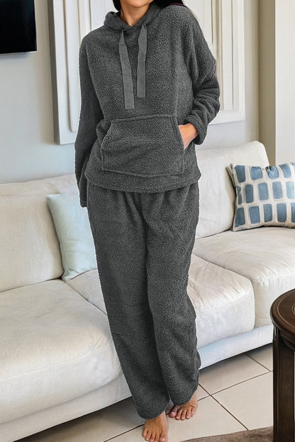 Medium Grey Fuzzy Drawstring Hoodie Lounge Pants 2pcs Set