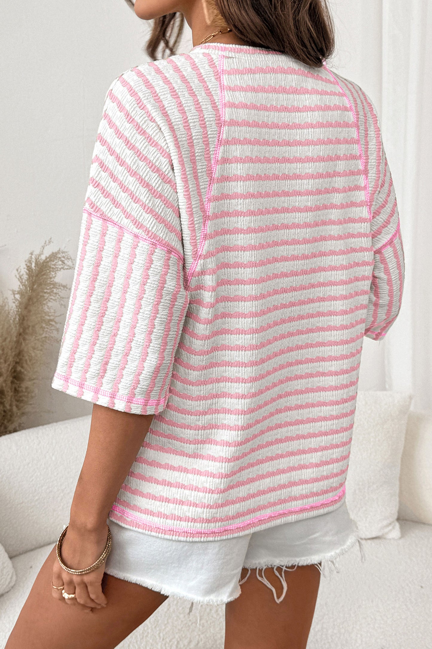 Stripe Textured Knit Split Hem Half Sleeve Loose Top