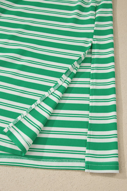 Stripe Collared V Neck Short Sleeve T Shirt Midi Dress with Pockets