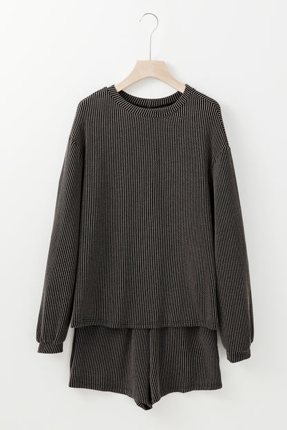 Corded Knit Long Sleeve Top and High Waist Shorts Set