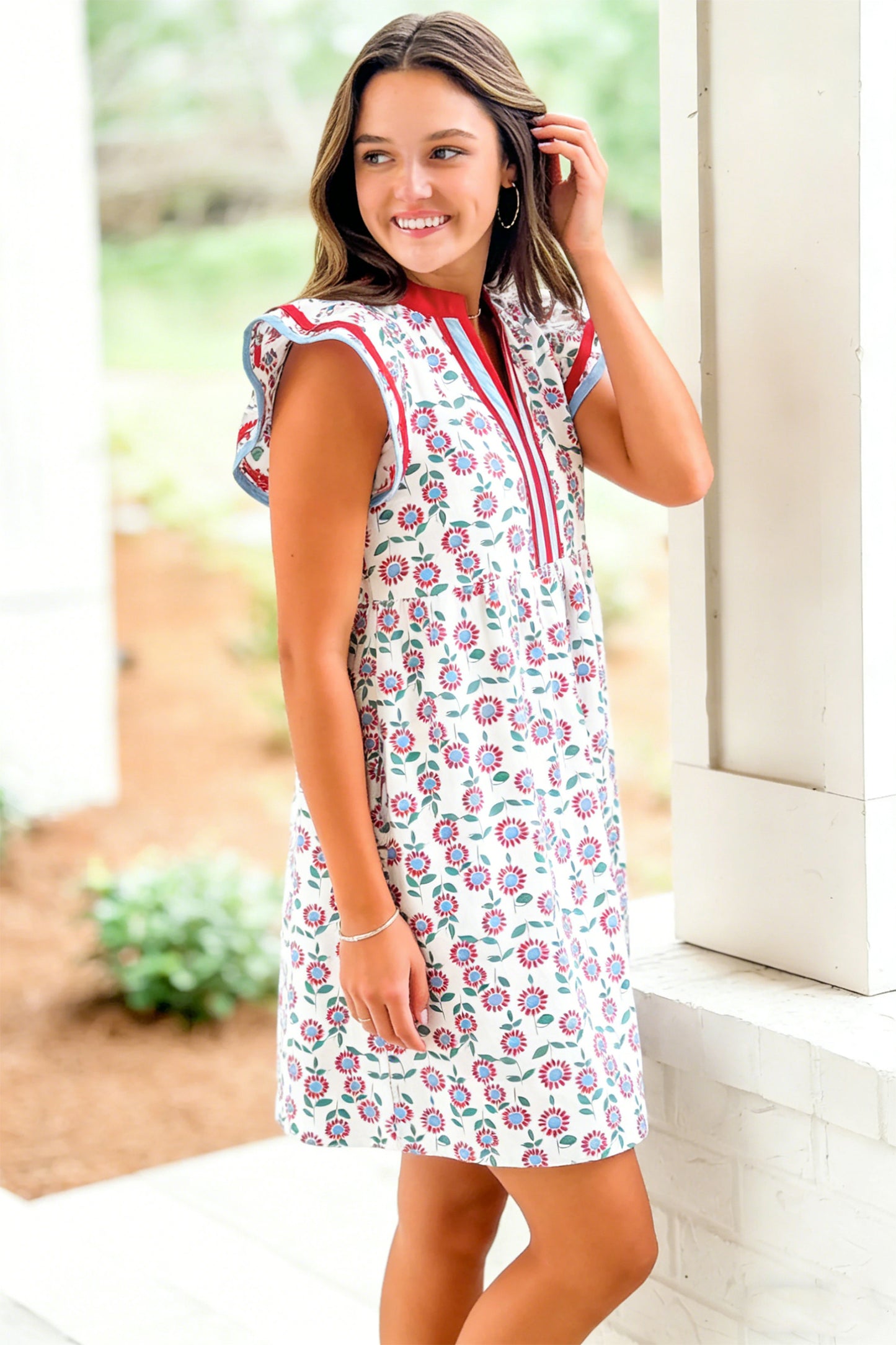 Floral Print Contrast Trim Flutter Sleeve Mini Dress