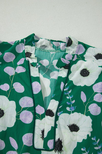 V Neck Ruffled Short Sleeve Flower Maxi Dress