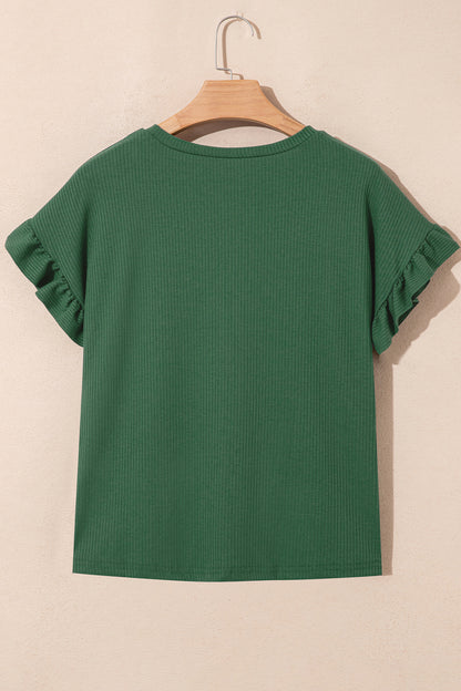 Jungle Green Solid Color Ribbed Ruffled Short Sleeve T Shirt