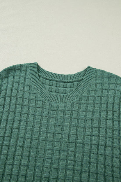 Mist Green Plus Size Solid Color Textured Knit Short Sleeve Sweater