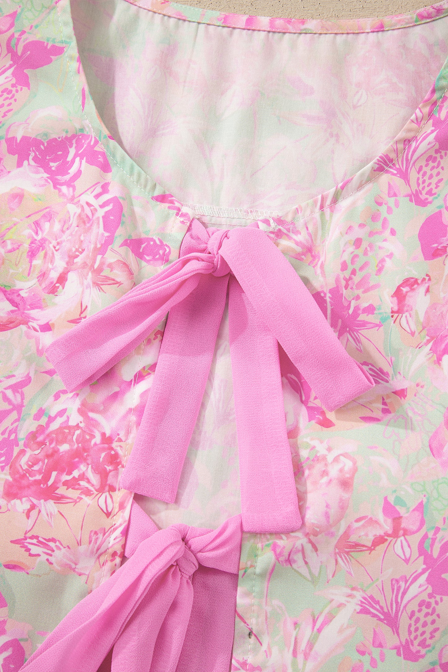 Pink Ribbon Knot Front Floral Short Puff Sleeve Blouse