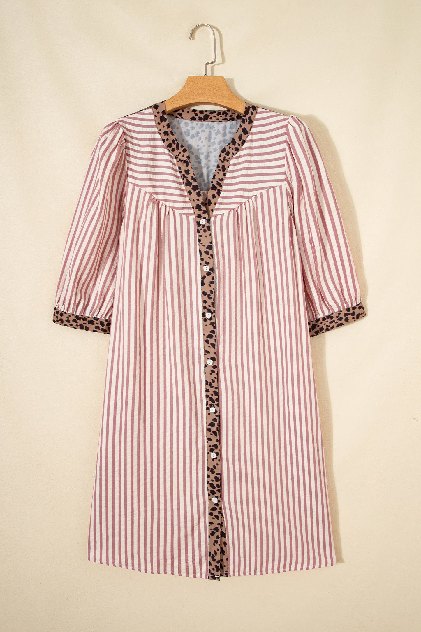 Stripe Square Button Leopard Trim Loose Bracelet Sleeve Shirt Dress
