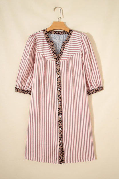 Stripe Square Button Leopard Trim Loose Bracelet Sleeve Shirt Dress