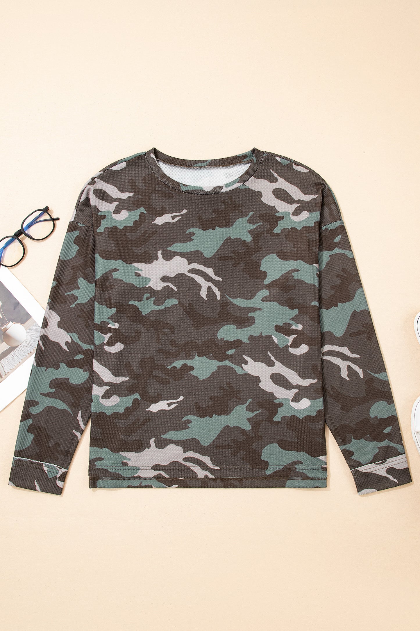 Green Camouflage Print Textured Drop Shoulder Long Sleeve Top