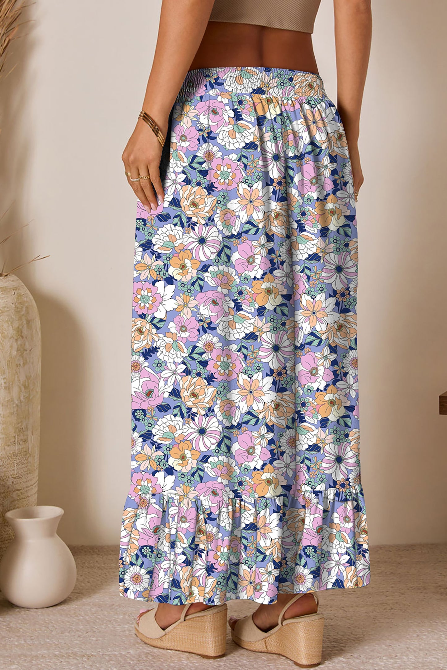 Pink Floral Print Lace-up High Waist Ruffle Hem Maxi Skirt