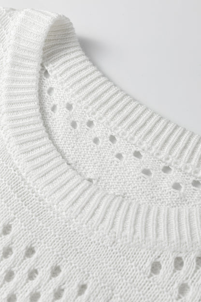 White Hollow Out Knit Round Neck Dolman Sweater