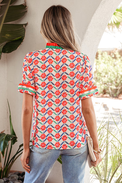 Red Floral Print Striped Detail V Neck Ruffled Short Sleeve Blouse