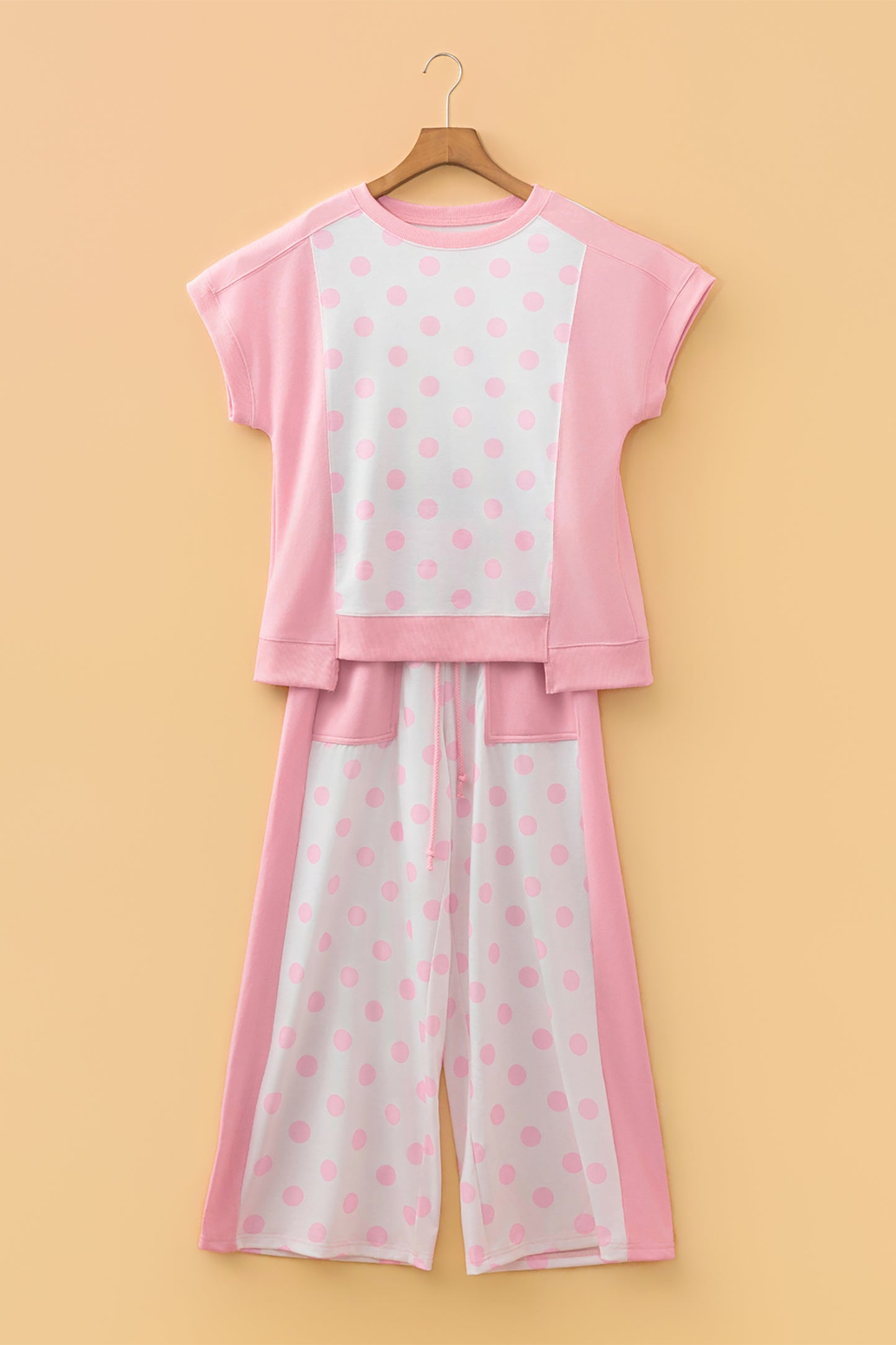 Color Block Patchwork Polka Dot Wide Leg Pant Set
