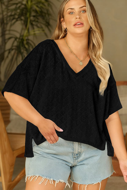 Golden Fleece Pointelle Rhombus Knit Plus Size V Neck Loose Top