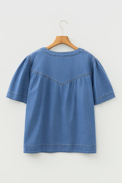 Beau Blue Seam Pleated Detail Half Button Short Sleeve Denim Top