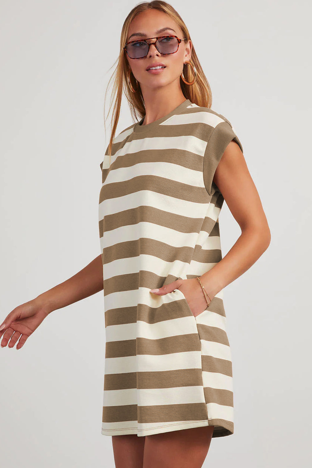 Black Stripe Cap Sleeve Shift T Shirt Dress