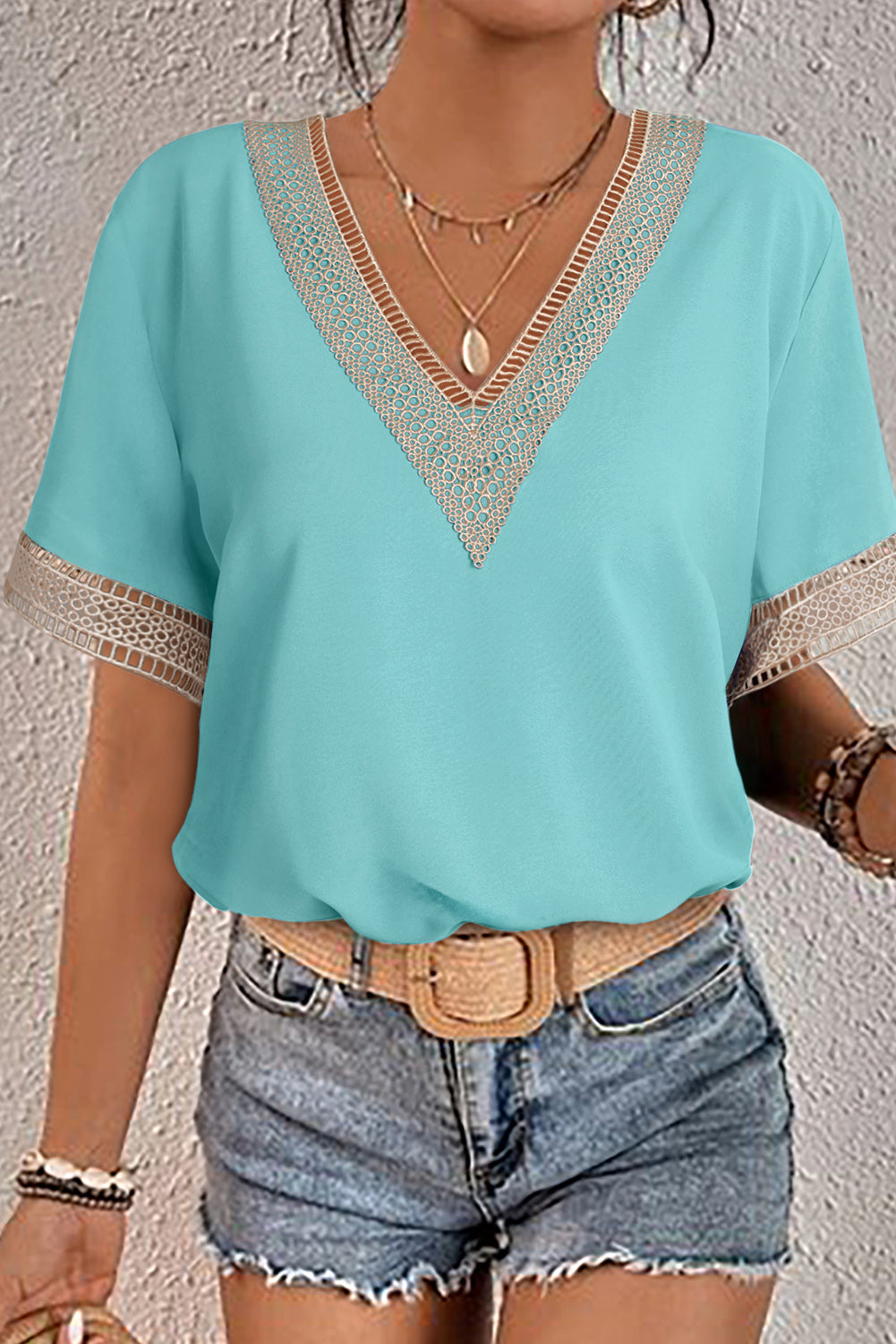 Green Lace Trim V Neck Short Sleeve Blouse