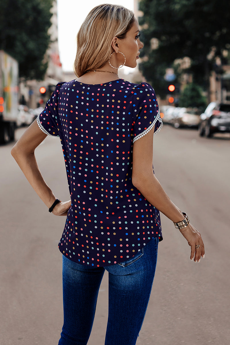 Lace Sleeves Color Polka Dot Scoop Neck Blouse