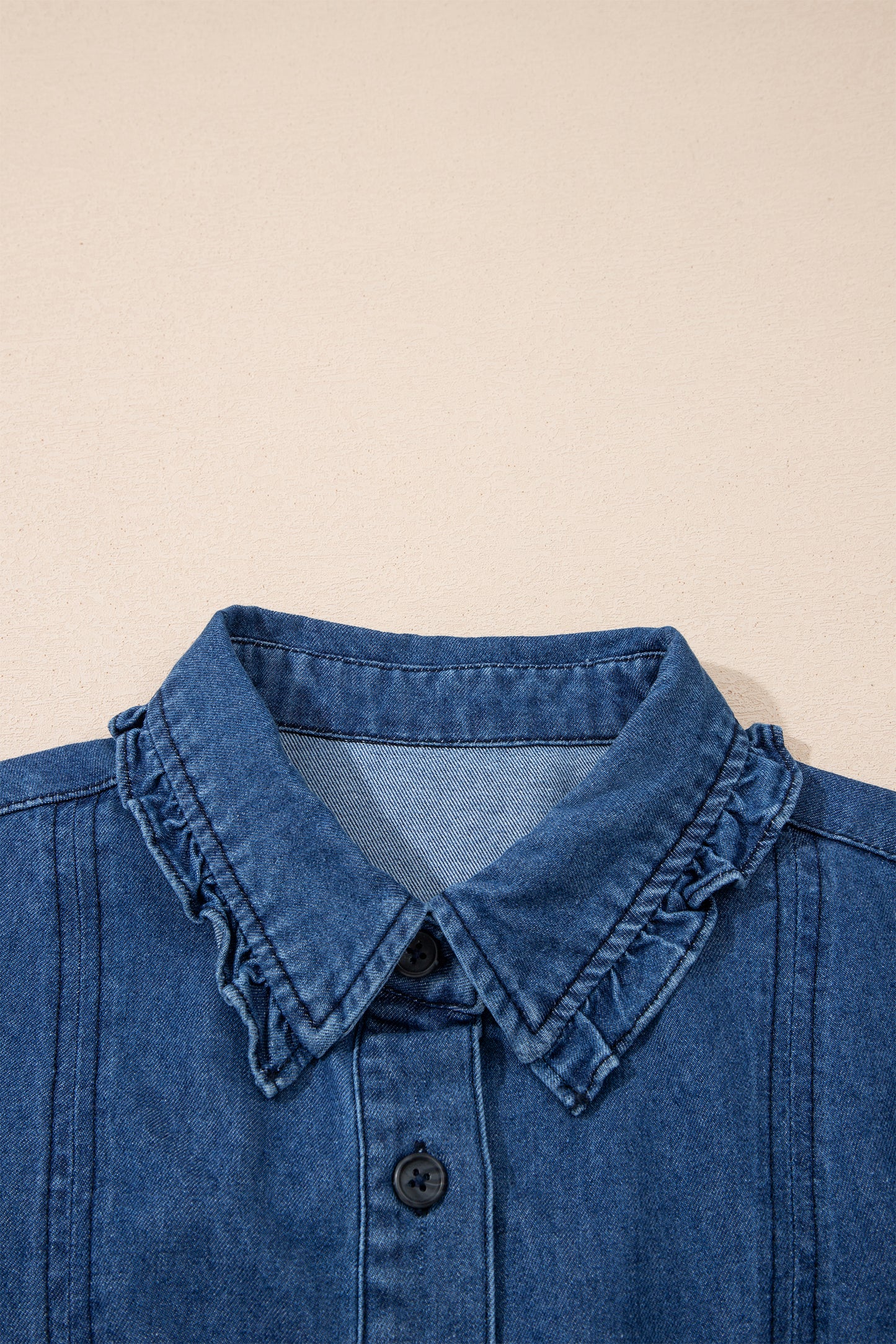 Ruffled Edge Collared Shift Denim Dress with Pockets