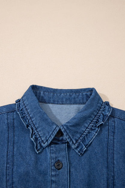 Ruffled Edge Collared Shift Denim Dress with Pockets
