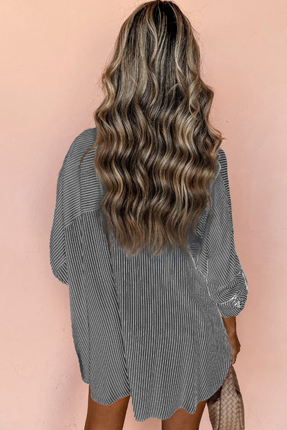 Stripe Roll-tab Sleeve Pocketed Long Shirt